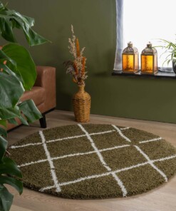 Okrągły dywan z długim włosiem w romby Artisan - oliwkowy/biały - sfeer