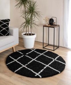 Okrągły dywan z długim włosiem w romby Artisan - czarny/biały - sfeer Okrągły dywan z długim włosiem w romby Artisan - czarny/biały - sfeer
