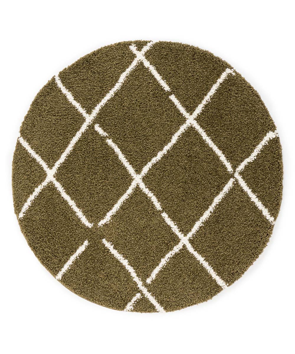 Okrągły dywan z długim włosiem w romby Artisan - oliwkowy/biały - overzicht Okrągły dywan z długim włosiem w romby Artisan - oliwkowy/biały - overzicht