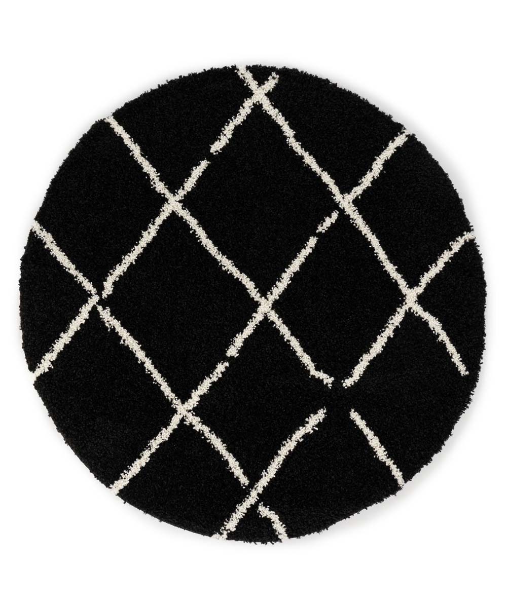 Okrągły dywan z długim włosiem w romby Artisan - czarny/biały - overzicht Okrągły dywan z długim włosiem w romby Artisan - czarny/biały - overzicht