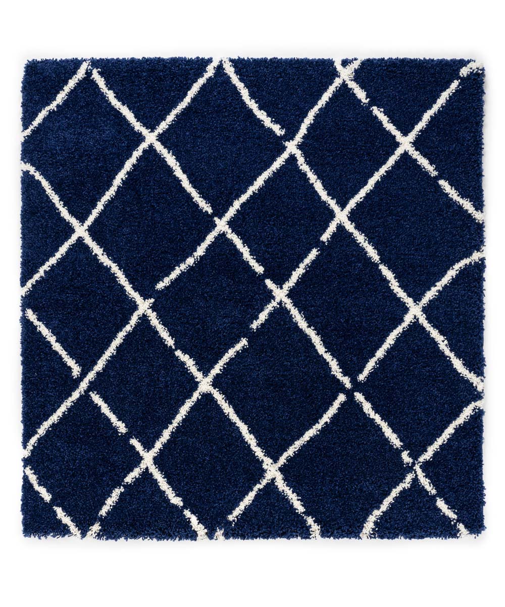 Kwadratowy dywan z długim włosiem w romby Artisan - granatowy/biały - overzicht Kwadratowy dywan z długim włosiem w romby Artisan - granatowy/biały - overzicht