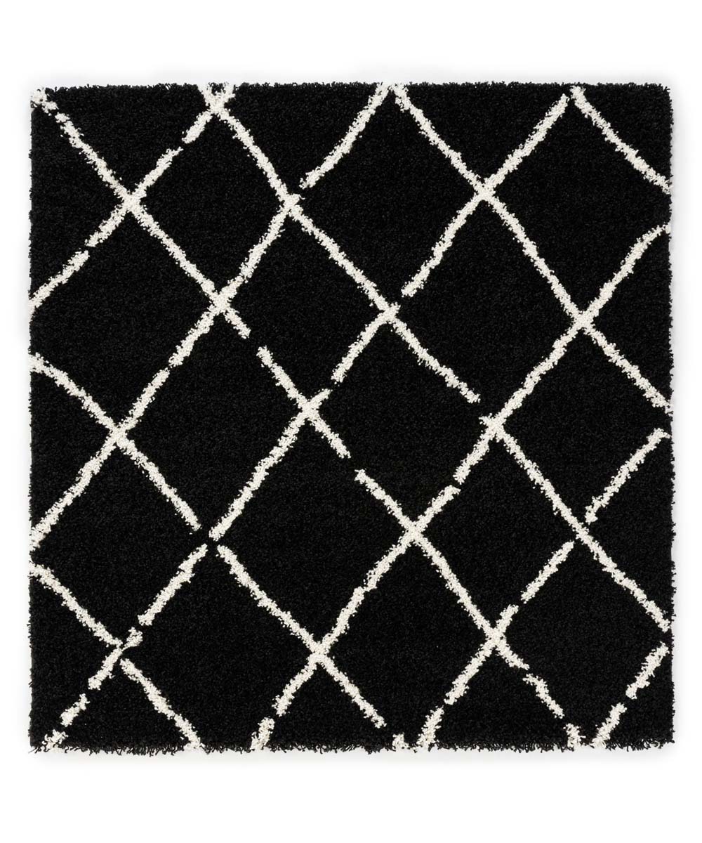 Kwadratowy dywan z długim włosiem w romby Artisan - czarny/biały - overzicht Kwadratowy dywan z długim włosiem w romby Artisan - czarny/biały - overzicht