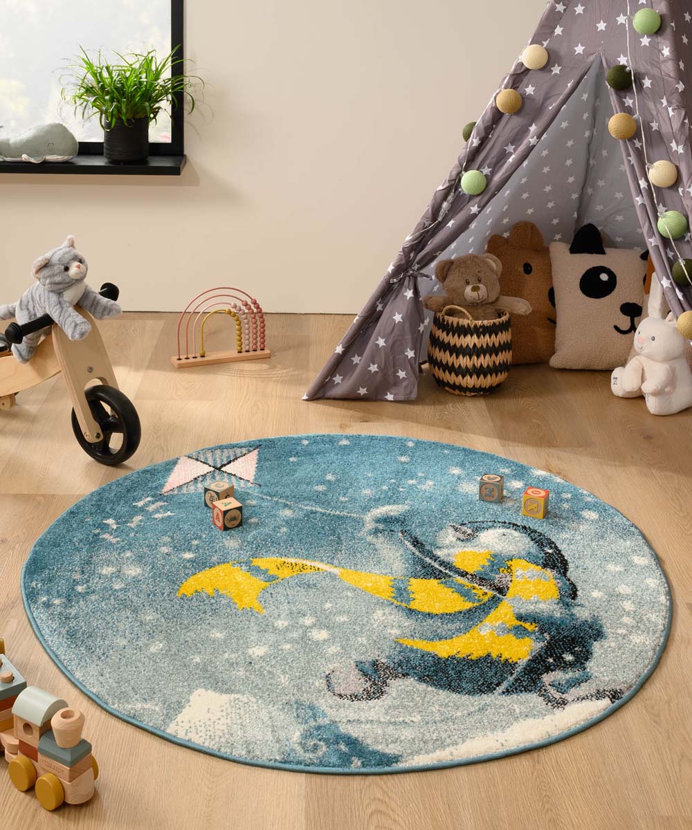 Dywan dziecięcy okrągły z pingwinem - Dreams penguin niebieski Dywan dziecięcy okrągły z pingwinem - Dreams penguin niebieski
