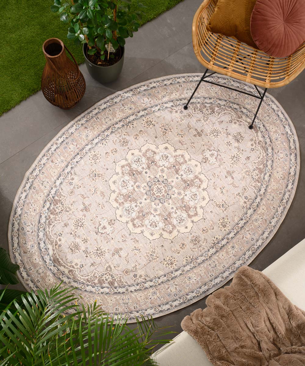 Dywan zewnętrzny owalny vintage - Valenca Nova beż/jasnoszary - sfeer Dywan zewnętrzny owalny vintage - Valenca Nova beż/jasnoszary - sfeer