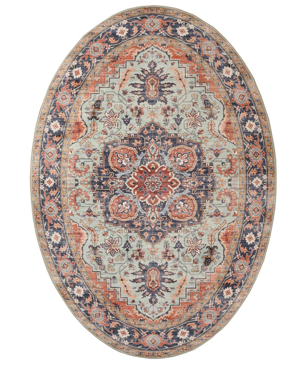 Dywan zewnętrzny owalny vintage - Valenca Fino zielona/niebieska - overzicht Dywan zewnętrzny owalny vintage - Valenca Fino zielona/niebieska - overzicht